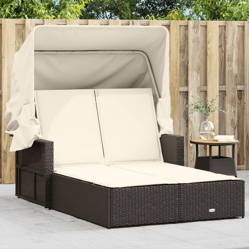 Ligbed 2-Persoons Met Luifel En Kussens Poly Rattan